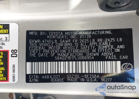 2020 Lexus Es 350 from USA, damaged, VIN 58ADZ1B17LU066954